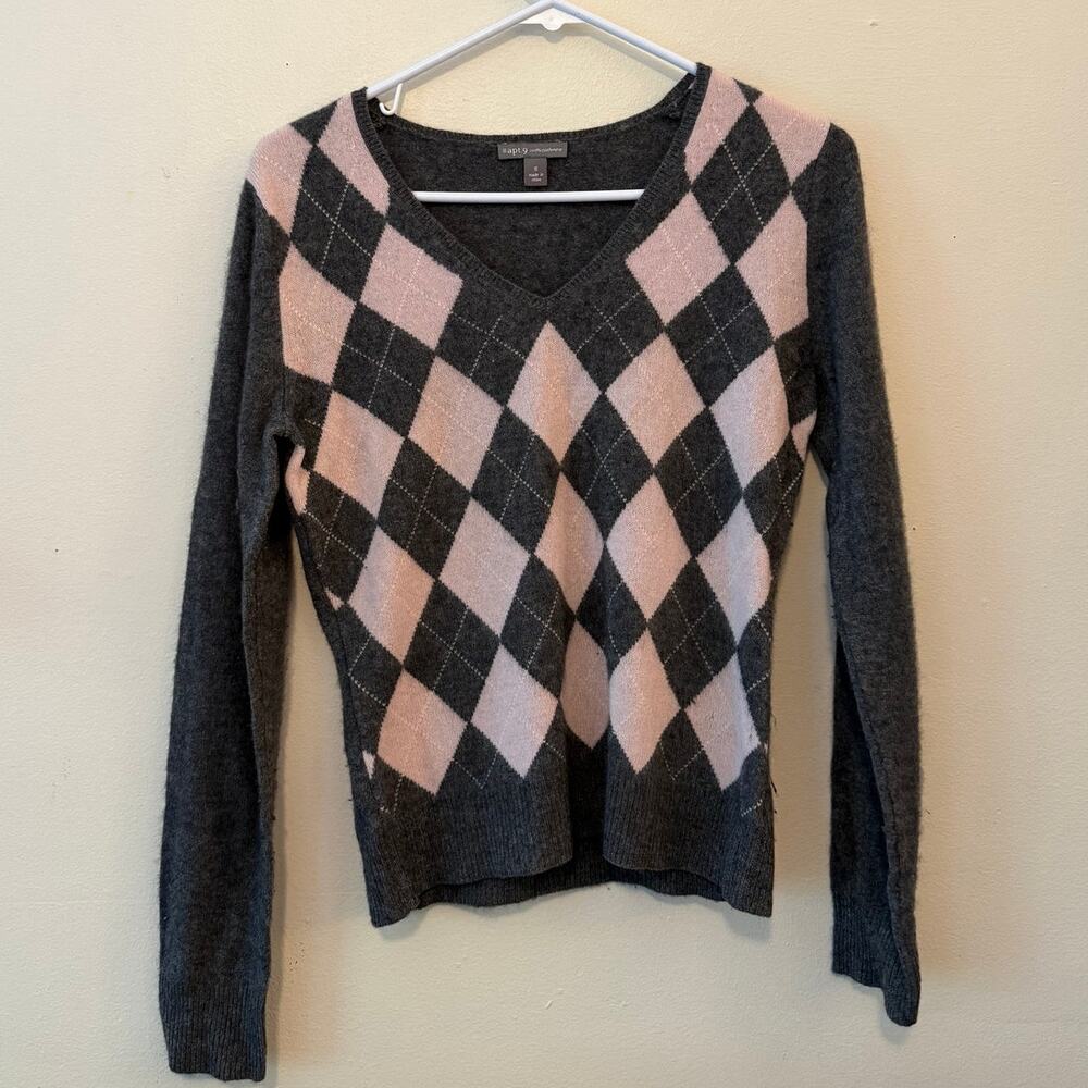 Apt. 9 100% Cashmere Pink Gray Argyle V-Neck Sweater Women’s S